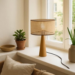 Opviq AYD-3571 Lámpara de mesa de madera y ratán beige